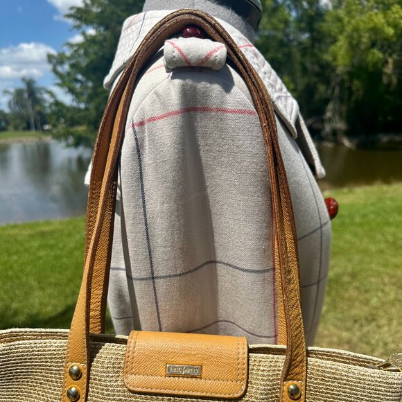 Eric Javits NY Natural Staw Raffia & Leather Trim Tan & Brown Woven Shoulder Bag - Picture 8 of 13